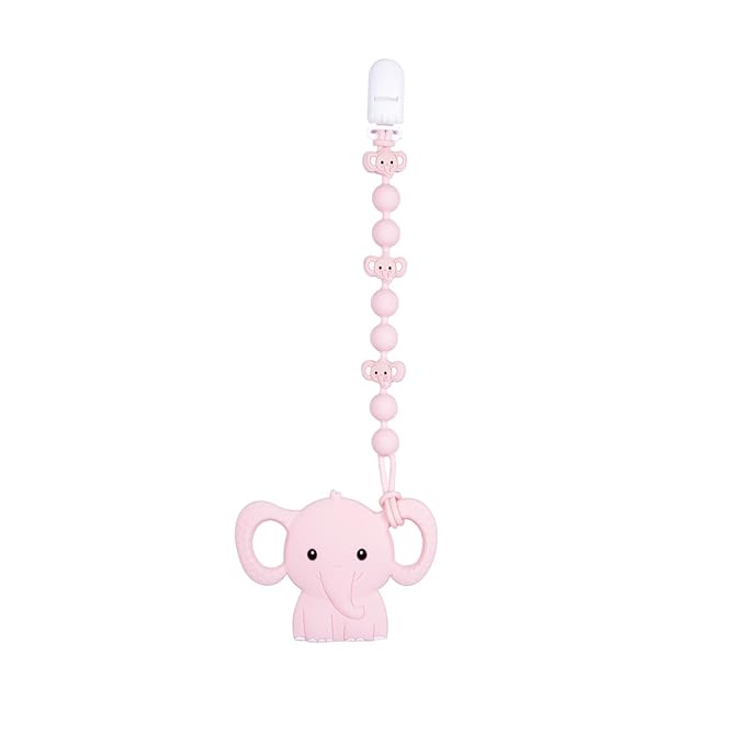 Cute Animal Baby Food Grade Silicone Teether Toy with One Piece Design Pacifier Clip Holder,Teething Pain Relief Toys Gift Set for 3 Months+ Boys and Girls,Freezer Safe,BPA Free (Elephant)