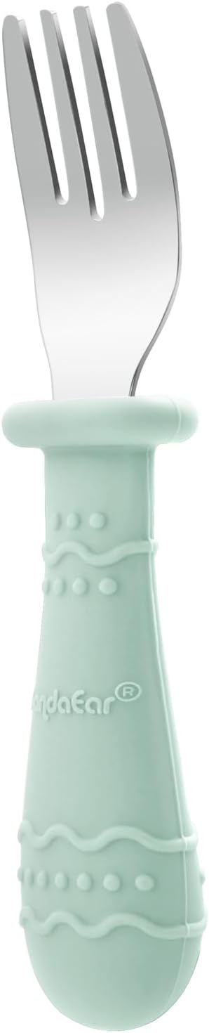 PandaEar Baby Feeding Set| 2 Pack Silicone Divided Suction Plate, 2 Set Toddler Spoons & Forks| Baby Led Weaning Supplies Self Feeding Eating Utensils (Green & White)