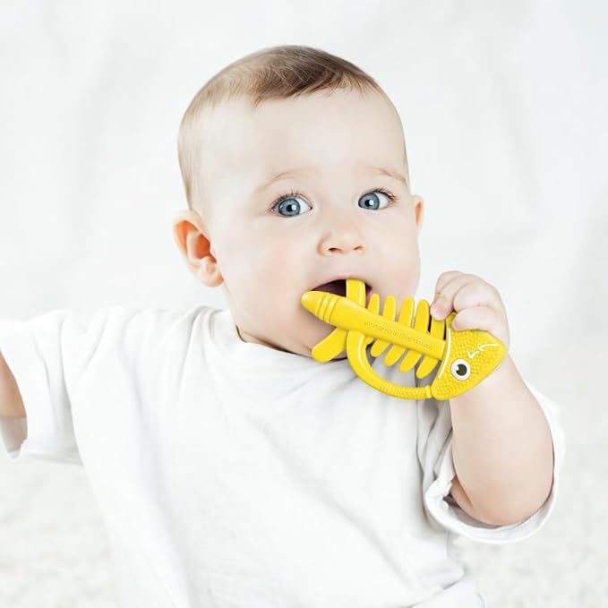 3 in 1 Infant Toys, Baby Teething Toys 3–6 6–12 Months, Teethers for Babies 0–3–6–12 Months for Teething Relief, Baby Gift, Baby Teether Toys, Silicone Sensory Toys, USA Patent Pending, Fish (Yellow)