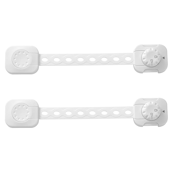 Fursafe&Q Child Safety Cabinet Locks, Baby Cabinet Locks Adhesive Adjustable Child Safety Strap Locks Drawer Fridge Ovens Toilet Latches No Screws for Furniture Kitchen White 2Pack