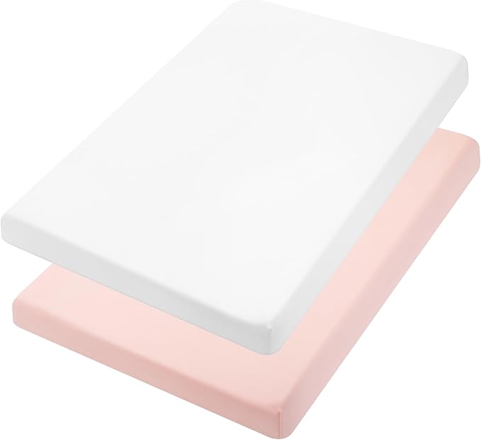 TILLYOU Mini Crib Fitted Sheets - Soft Knit Sheet for Pack N Play, Microfiber Mini Crib Sheets, Playpen Bedding Sheet for Baby 2 Pack, Machine Washable, White & Peachy Pink