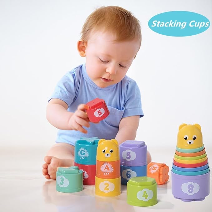 Baby Toys 6-12 Months, Montessori Toys for Toddlers 1-3 Year Old, Busy Cube Teether Infants Bath 6 in 1 Stacking Blocks Rings, Suction Cup Spinner, Shape Bin Sensory (0035)