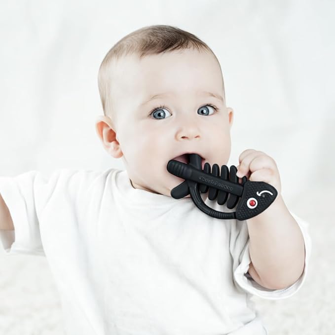 3 in 1 Infant Toys, Baby Teething Toys 3–6 6–12 Months, Teethers for Babies 0–3–6–12 Months for Teething Relief, Baby Gift, Baby Teether Toys, Silicone Sensory Toys, USA Patent Pending, Fish (Black)