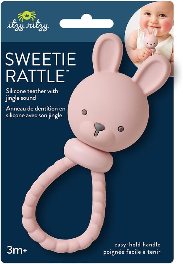 Itzy Ritzy Silicone Rattle Toy – Soothing Teething Toy with Soft Jingle Sound & Easy-Grip Textured Handle - for Ages 3 Months and Up (Bunny)