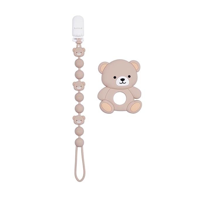 Cute Animal Baby Food Grade Silicone Teether Toy with One Piece Design Pacifier Clip Holder,Teething Pain Relief Toys Gift Set for 3 Months+ Boys and Girls,Freezer Safe,BPA Free (Bear)