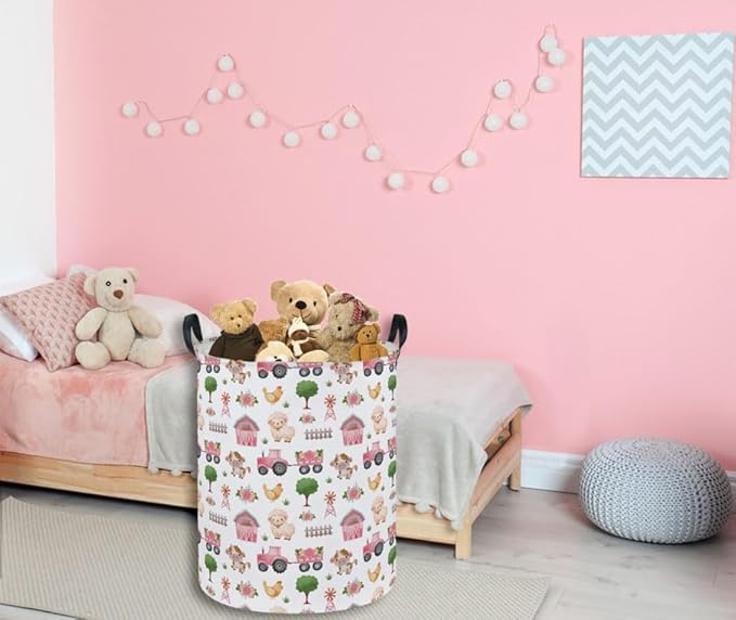 Essme Kids Laundry Basket,Farm Hamper Collapsible Canvas Waterproof Storage Bin for Girls, Pink Hamper,Gift Baskets(Pink Farm)