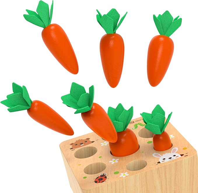KMTJT Montessori Toys for 1 2 3 Year Old Toddlers, Carrot Harvest Game Wooden Toy for 2 3 Year Old Baby Boys and Girls, Educational Learning Shape Sorting Matching Gifts 1-3