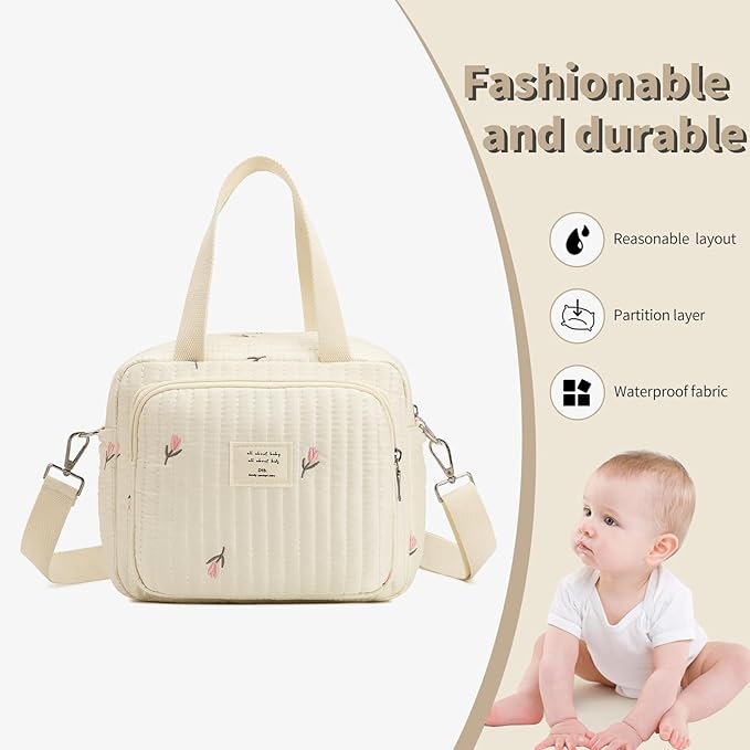 Small Diaper Bag Tote, Crossbody Diaper Bag Mini Purse with 7 Pockets, Travel Baby Bag for boys & Girls, 2 Bottle pocket, Off white