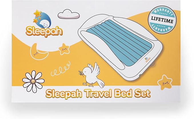 Sleepah Inflatable Toddler Travel Bed Portable Kids Air Mattress Set w Safety Rail Guards for Kids & Toddlers – Includes Pump, Carry Case, Pillow & More - Perfect Transitional Cot (Beige)
