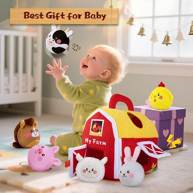 teytoy Baby Toys for Newborn 6-12 Months, Soft Barn with 6 Stuffed Farm Animals Playset for Toddlers Boys Girls 1-3 Years Baby Sensory Toys Birthday Easter Basket Stuffers Christmas Gifts