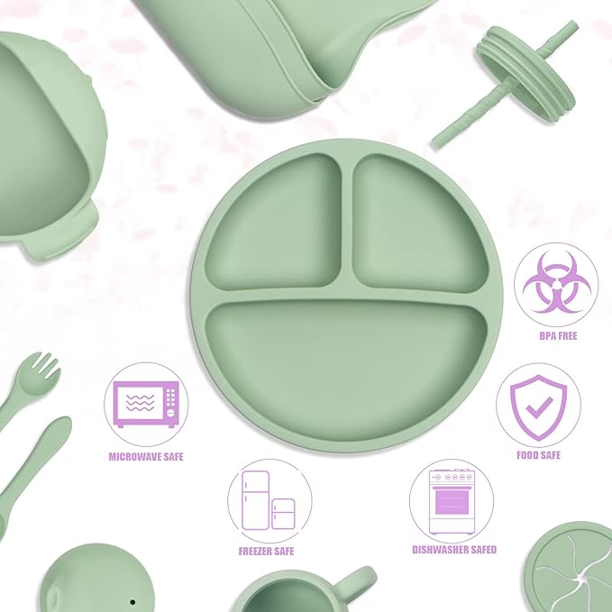 Silicone Baby Feeding Set 11 Piece, Baby Led Weaning Feeding Supplies, Strong Suction Bowl & Suction Plate, Adjustable Bibs, 4-in-1 Cup, Spoon & Fork, Food-grade Silicone (Green)