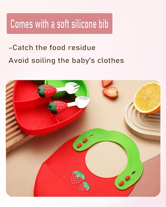 Ecrekhom Silicone Baby Feeding Set 5 Pcs, Weaning Supplies, Strawberry Baby Plates Baby Spoon & Fork, Baby Utensils Feeding Essentials