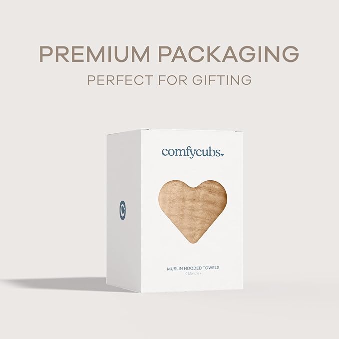 Comfy Cubs Hooded Baby Towel 1-Pack, Large 32 x 32 Inch - 6 Layer 100% Muslin Cotton for Babies, Toddlers and Kids - Soft & Absorbent Baby Bath Towels - Unisex Design for Bath Time - Cream