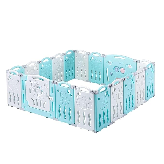 Albott Baby Playpen, 18 Panels Foldable Baby Fence with Game Panel and Safety Gate, Adjustable Shape, Portable Play Yards for Children Toddlers Indoors or Outdoors (White+Blue, 18 Panel)