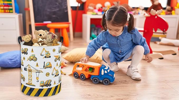 ESSME Kids Laundry Basket,Car Hamper Collapsible Canvas Waterproof Storage Bin for Boys, Nursery Hamper,Gift Baskets,toy bins(Engineering vehicle)