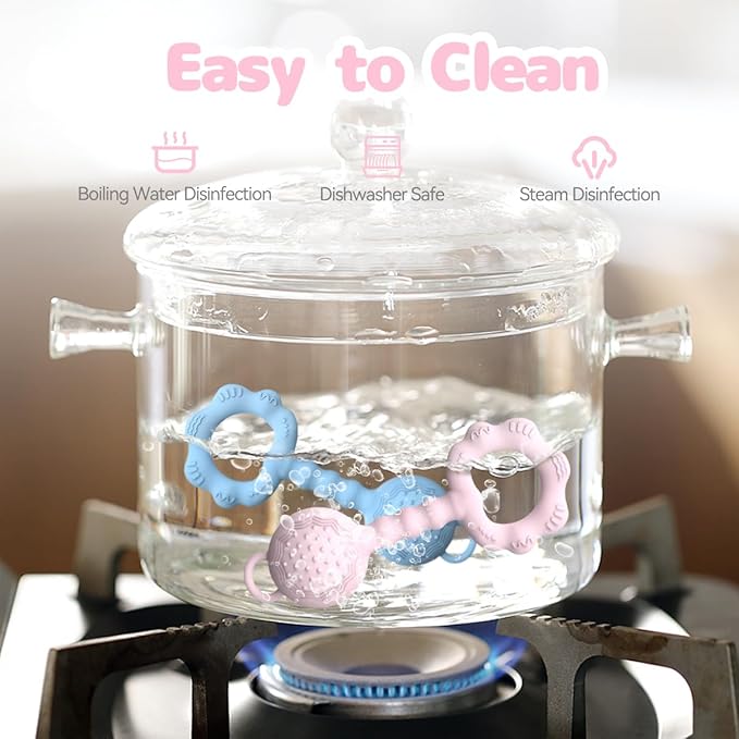 Teething Toys for Babies 6-12 Months, Baby Rattles 0-6 Months, 2-in-1 Rattle and Teether Toy for Soothing Sore Gums and Keeps Little Ones Entertained, Food Grade Silicone, Pink