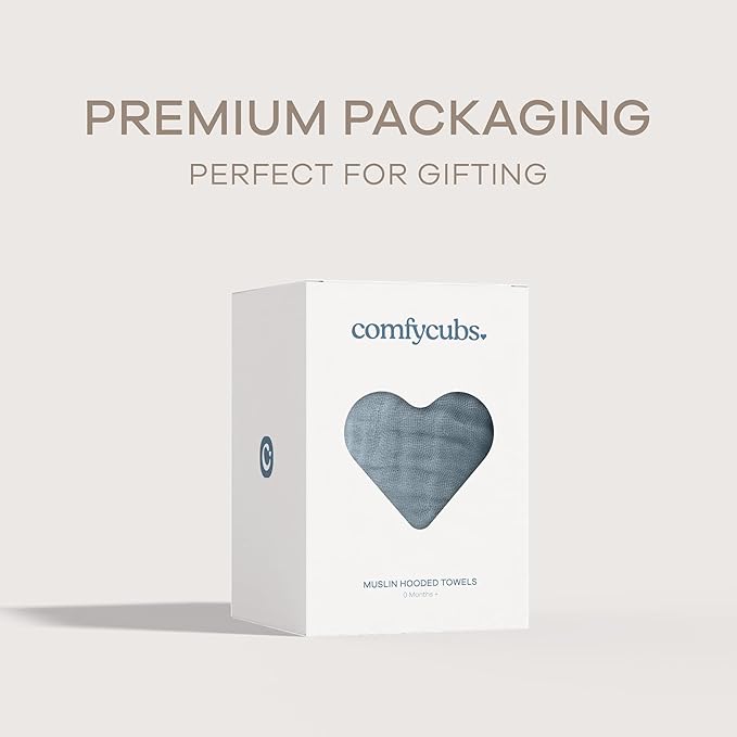 Comfy Cubs Hooded Baby Towel 1-Pack, Large 32 x 32 Inch - 6 Layer 100% Muslin Cotton for Babies, Toddlers and Kids - Soft & Absorbent Baby Bath Towels - Unisex Design for Bath Time - Pacific Blue