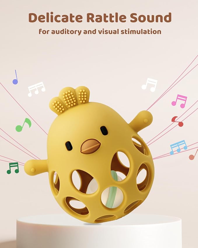 2-in-1 Baby Teething Rattle Toy, Sensory Grasping Teether for Infants 3-12 Months, 100% Food-Grade Silicone, Easy to Hold, Soothing & Developmental, BPA Free