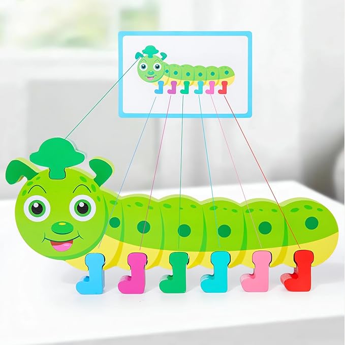 Fine Motor Training Color Matching Toys, Wooden Caterpillar Puzzle Montessori Set, Educational Development Game with Cards for Teaching Aids Young Children Kindergarten (Caterpillar)