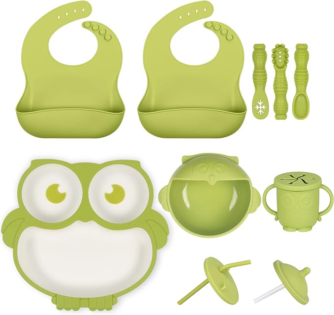 Silicone Baby Feeding Set 13 Piece, Baby Led Weaning Feeding Supplies, Strong Suction Bowl & Suction Plate, Adjustable Bibs, 4-in-1 Cup, Spoon, Food-grade Silicone (Green with white)