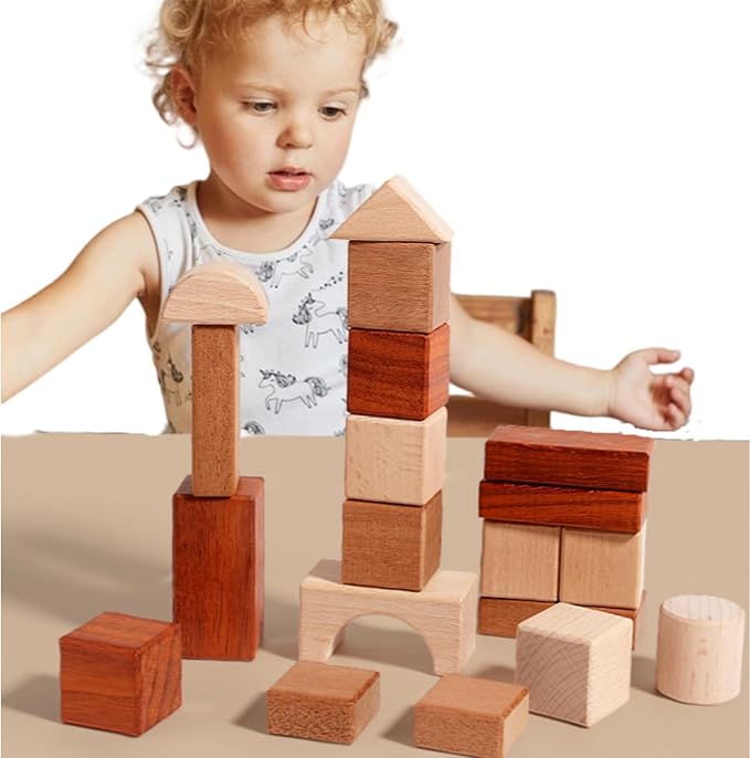 Wooden Building Block Set for Kids, Natural Wood Stacking Toy with Storage Tray, Preschool Learning Toys for Toddlers 1-3 Year Old, 29 Pcs in 8 Shapes, Montessori Educational Game for Boys & Girls