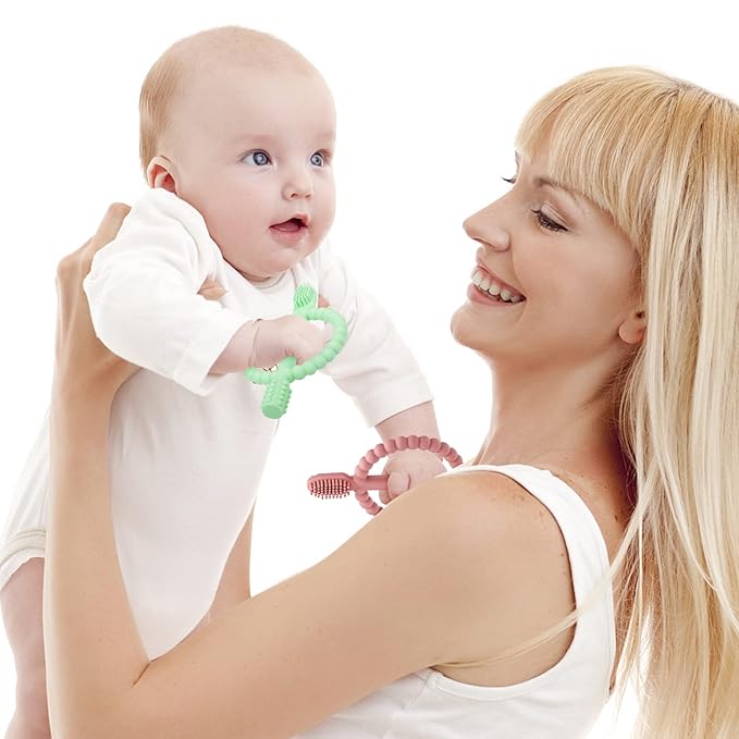 Baby Teething Toys with Easy-Hold Handle, Silicone Infant Toothbrush, Textured On Both Sides Helps Massage, Soothe Sore Gums, Teething Toys for Babies 0-6 Months, 6-12 Months Bright Green & Caramel