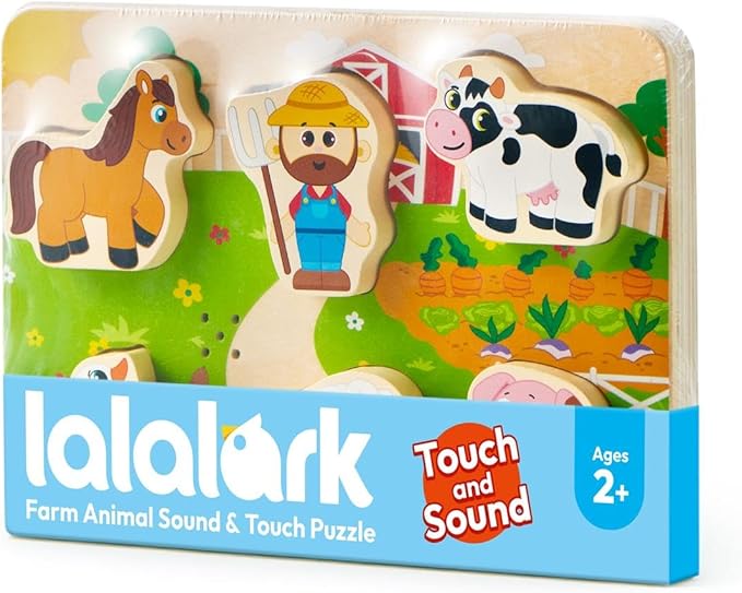 lalalark Tactile & Sound Wooden Chunky Puzzles for Baby 2-4, Musical Farm Animal Toys, Educational Wooden Block Puzzles, Kids Christmas Birthday Gifts, Toddler Learning Toys for 2 Years Old Boys Girls