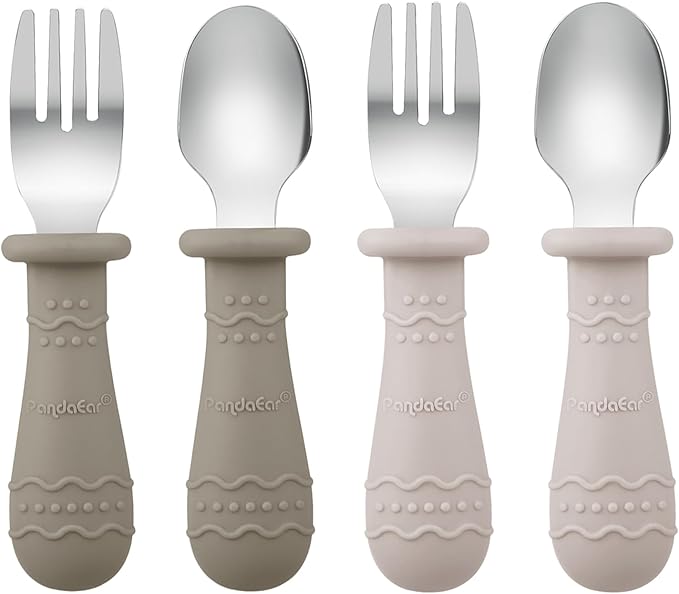 PandaEar Silicone Baby Feeding Set| 2 Pack Silicone Divided Suction Plate and 2 Pack Tiny Cup with 2 Spoons 2 Forks| Baby Led Weaning Supplies Self Feeding Eating Utensils (Silverware Set)