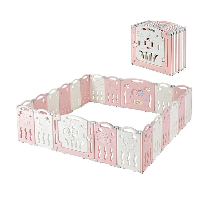 Albott Baby Playpen, Upgraded 22 Panels Foldable Baby Fence with Game Panel and Safety Gate, Adjustable Shape, Portable Play Yards for Children Toddlers Indoors or Outdoors (Pink+White, 22 Panel)
