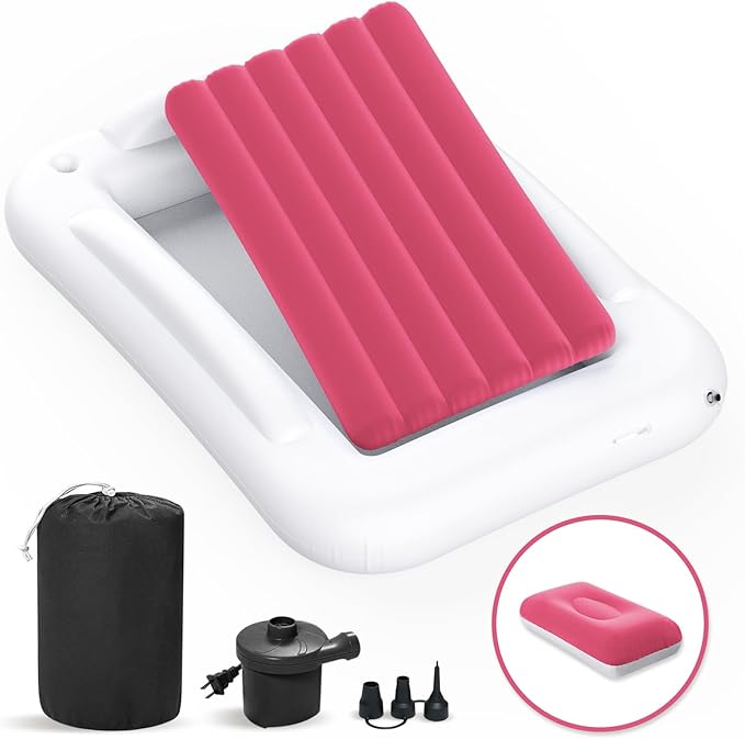 Deeteck Inflatable Toddler Travel Bed - 53 Inches Portable Toddler Bed for Travel with Safety Sides - Cozy Kids Air Mattress Set with High-Speed Pump & Carry Case - Easy to Inflate(Light Pink)