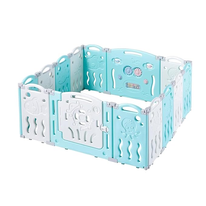 Albott Baby Playpen, 14 Panels Foldable Baby Fence with Game Panel and Safety Gate, Adjustable Shape, Portable Play Yards for Children Toddlers Indoors or Outdoors (Blue+White, 14 Panel)