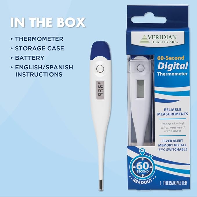Veridian Digital Thermometer | 60-Second Readout | Fever Alert + Memory Recall| Clinical Rigid Tip | Hygienic Water-Resistant Easy Cleaning | Storage Case + Probe Covers Included