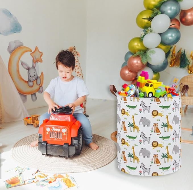 Essme Kids Laundry Basket,Animal Hamper Collapsible Canvas Waterproof Storage Bin for Boys, Cute Hamper,Gift Baskets(Playful Animals)
