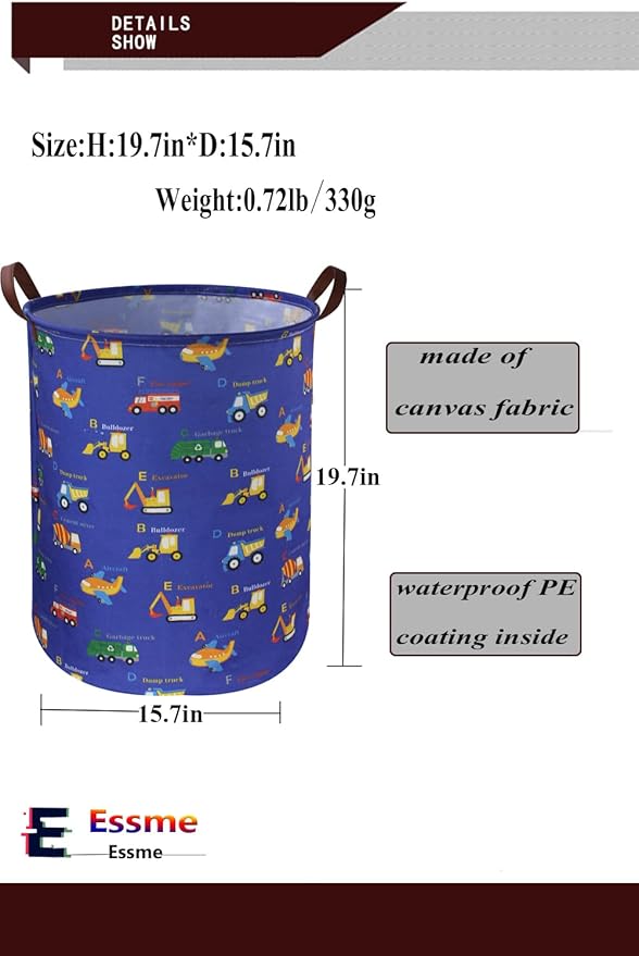 ESSME Kids Laundry Basket,Kids Hamper Collapsible Canvas Car Storage Bin for Boys Room Decor, Nursery Hamper,Gift Baskets,Toys,Home Organizer(Vehicles)