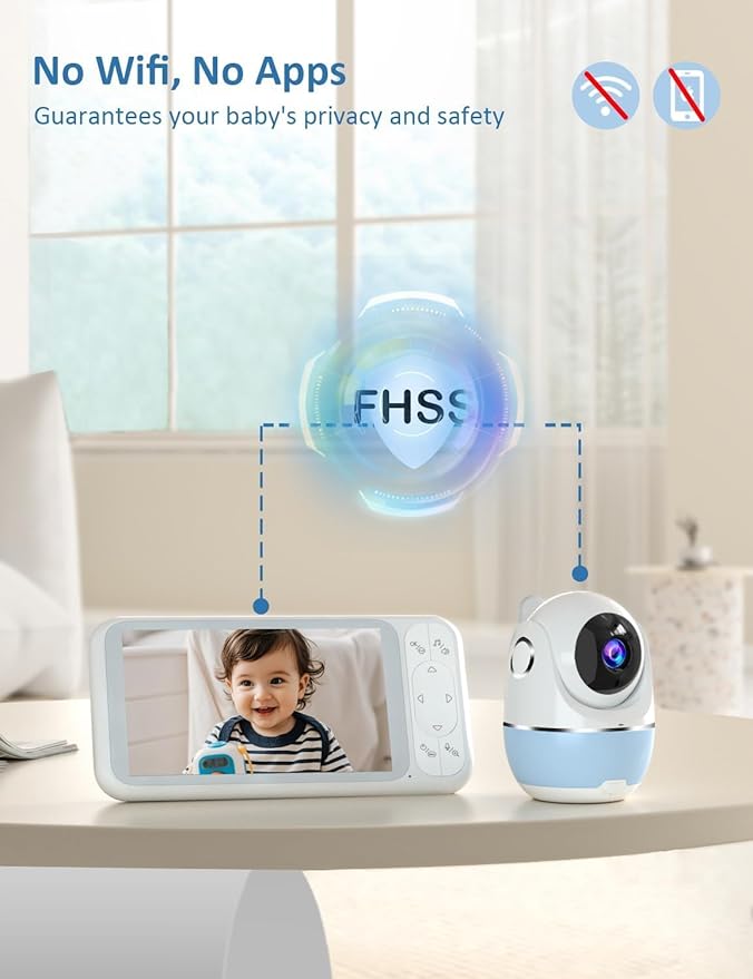 1080P No WiFi Baby Monitor with Camera and Audio, 5'' Screen 32-Hour 5000mAh Battery, 4X Zoom, Night Vision, 2-Way Talk, 8 Lullabies, 1200ft Long Range
