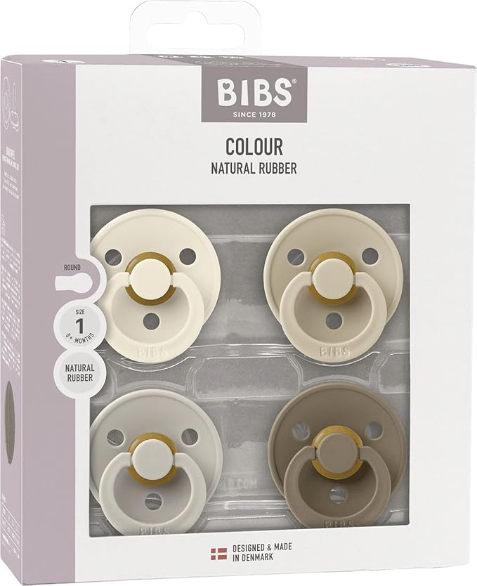 BIBS Pacifiers - Colour 4-Pack | BPA Free Baby Pacifier | Round Nipple Binkies | Natural Rubber Latex Soother | Made in Denmark | Size 1 (0-6 Months) | Vanilla Mix