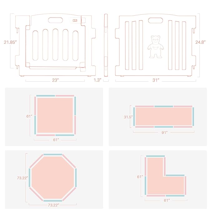 Kidzone Interactive Baby Playpen 8 Panel Play Yard with Safety Gate Children Play Center Child Activity Pen Anti-Fall Play Pen for Toddler, ASTM Certified – (Pink- Blue)