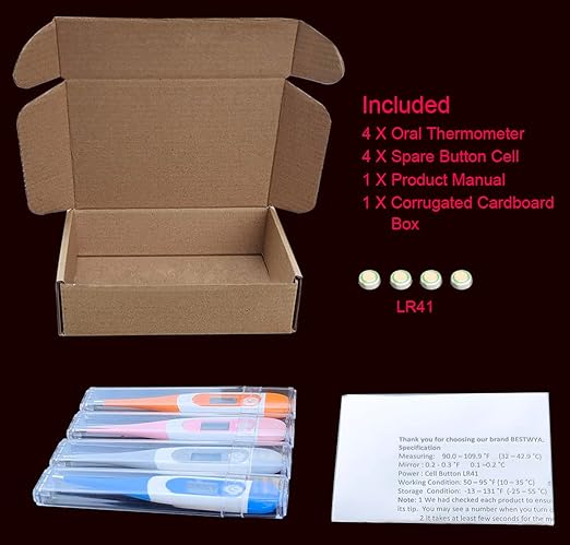 Oral Thermometer, Digital Thermometer for Fever (A, Pack of 4)