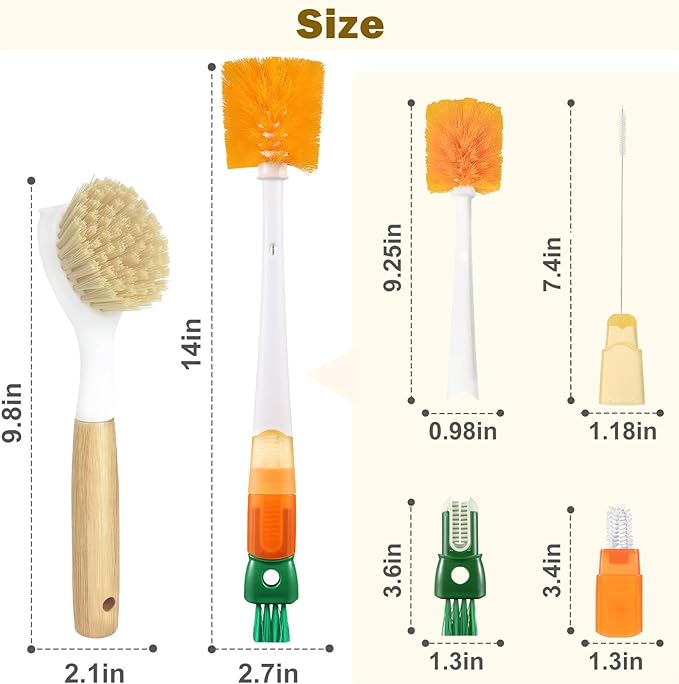 XYFuuee 5 Pack Dish Bottle Brush Set with 5-in-1 Cup Cleaning Brush, Dish Scrub Long Handle Brush with Scraper Tip, 3 Straw Cleaner Brushes, Washing Kitchen Sink Pot Pan Water Bottle Stove