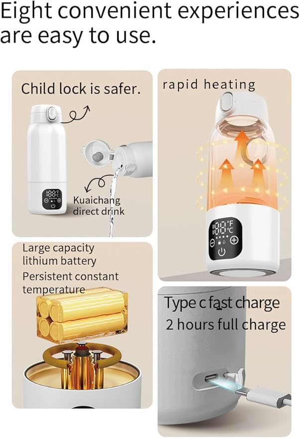Fast Heating Portable Bottle Warmer, Portable Milk Warmer for Travel 17oz Fast Charging & Cordless Smart Temperature Control, for Vehicle,car,Airplane Journey