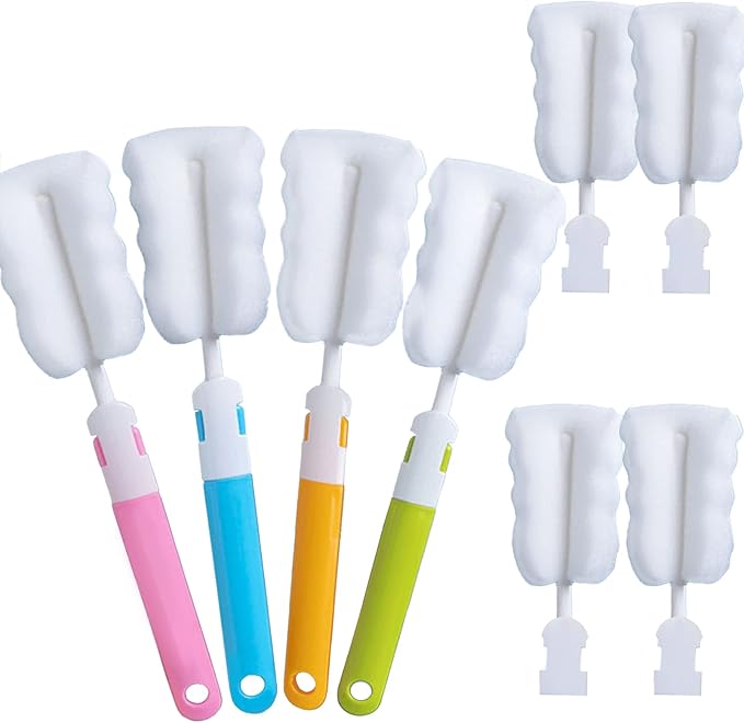 Bottle Brush Sponge Cup Brush Set with 4 Replacement Brush Head Portable Long Handle Water Bottle Cleaner Brush, for Baby Bottles Vacuum Flasks (4 Brushes + 4 Heads)
