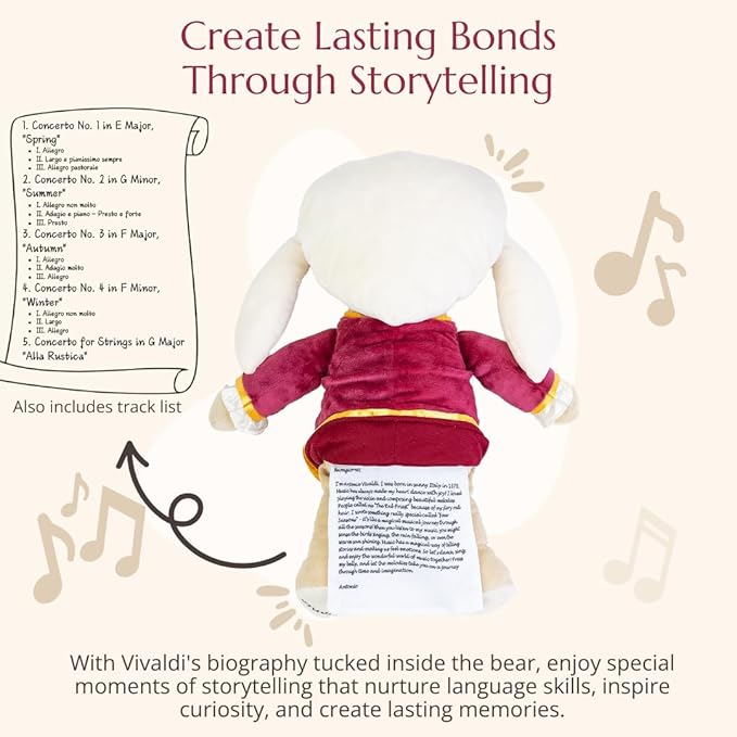 Vivaldi Virtuoso Bear – Dual-Mode Plush Toy with Music & Comfort Features, Plays 40 Mins of Classical Music & White Noise for Babies & Toddlers