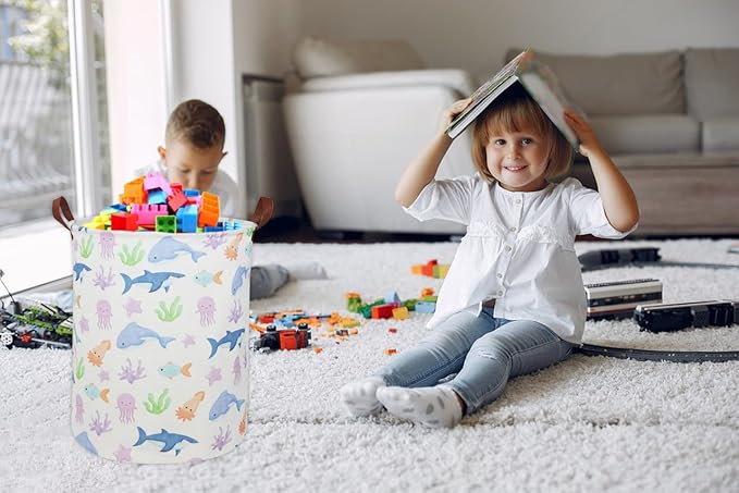 ESSME Kids Laundry Hamper,Shark Hamper Collapsible Canvas Waterproof Ocean Storage Bin for Boy, Nursery Hamper,Gift Baskets,toy bins(Ocean)