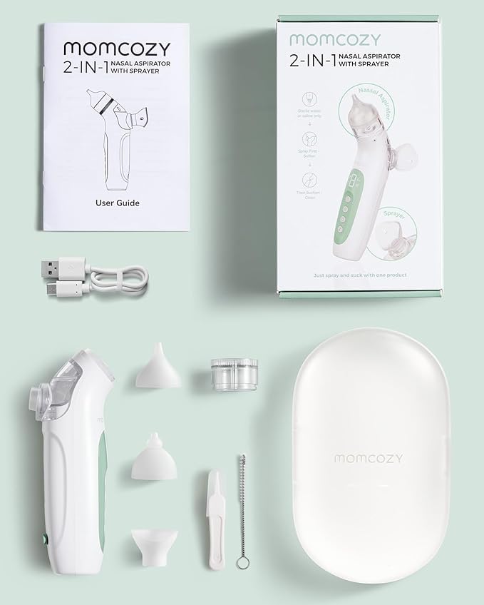 Momcozy BreezyClear™ 2-in-1 Electric Nasal Aspirator for Baby with Spray, 65kPa Hospital-Grade Suction, 4 Adjustable Levels, Quiet & Portable Nose Cleaner with Soothing Light & Music