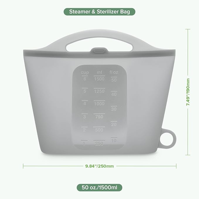 Haakaa On-The-Go Silicone Microwave Steam Sterilizer Bags for Travel, 50oz/1500mlReusable Silicone Steaming Bags for Baby Bottles, Breast Pump, Accessories, Pacifiers, Teethers,Grey/2PCS