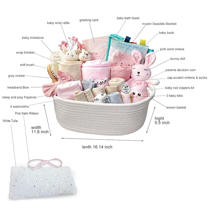 27-Piece Baby Girl Shower Gift Basket Set - Newborn Essentials, Large Pink Gift Basket With Rattle, Swaddle, Diaper Caddy Organizer