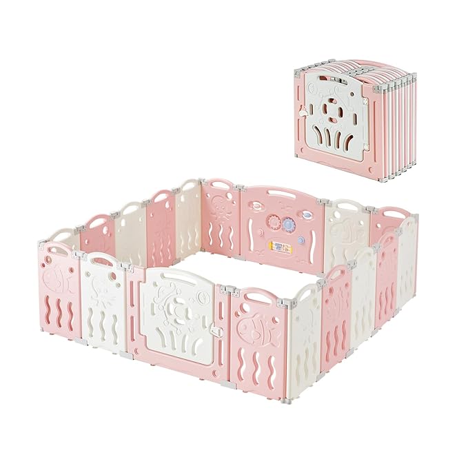 Albott Baby Playpen, 18 Panels Upgraded Portable Foldable Baby Fence with Game Panel and Safety Gate, Adjustable Shape, Ideal for Children Toddlers Indoors or Outdoors (White+Pink, 18 Panel)