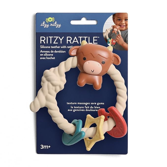 Itzy Ritzy Silicone Teether with Rattle; Rattle Teether Features Rattle Sound, Three Silicone Teething Rings and Raised Texture to Soothe Gums; Ages 3 Months and Up (Highland Cow)