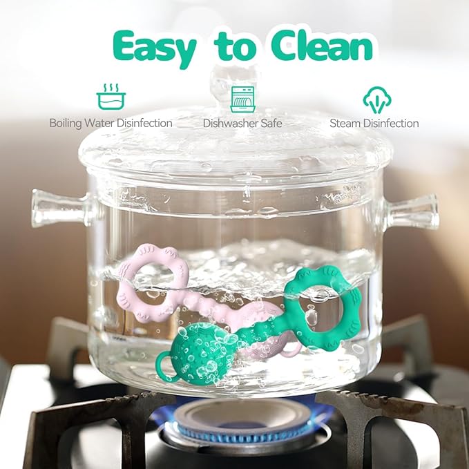 Teething Toys for Babies 0-6 Months, Baby Rattles 6 to 12 Months, 2-in-1 Rattle and Teether Toy for Soothing Sore Gums and Keeps Little Ones Entertained, Food Grade Silicone, Spearmint