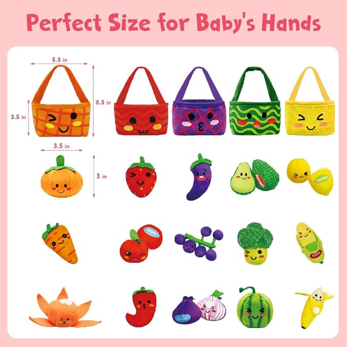 Play Food for Toddlers 1-3, Play Food Set for Kids Plush Fruits Vegetables Basket Color Sorting Rattle, Squeaker & Crinkle Baby Sensory Toys Birthday Stocking Stuffers Gifts for Christmas 20PCS